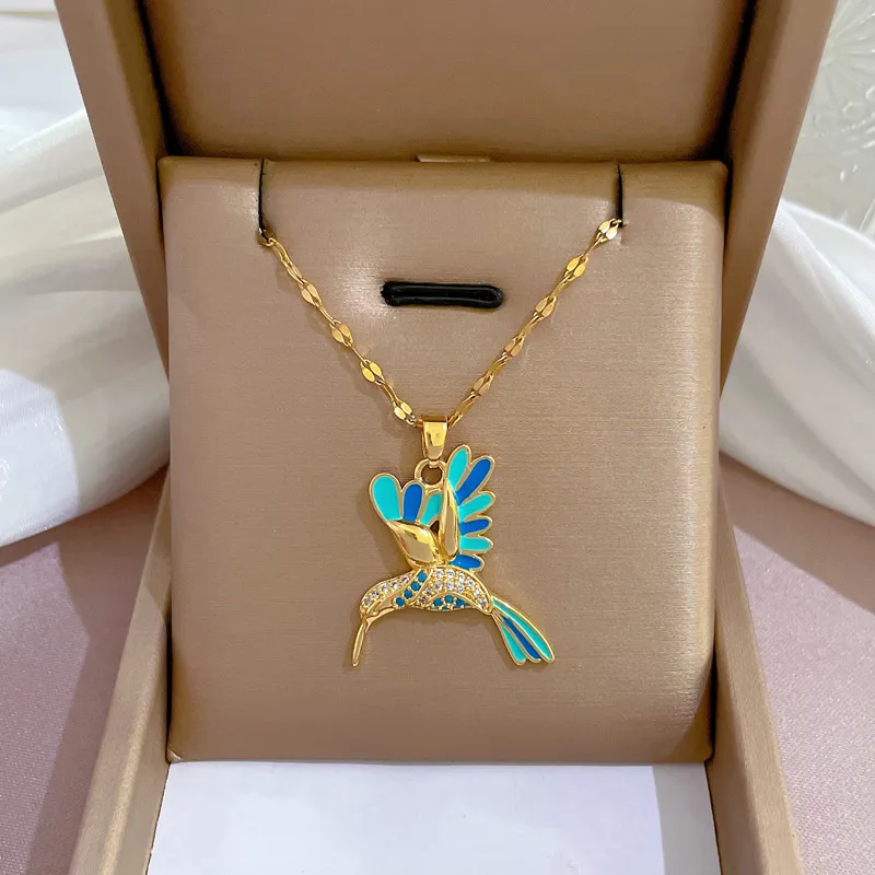 Catene di cristallo colibrì collane per le donne gioielli di moda color oro smaltato uccelli animali ciondolo choker collares_voghion.com