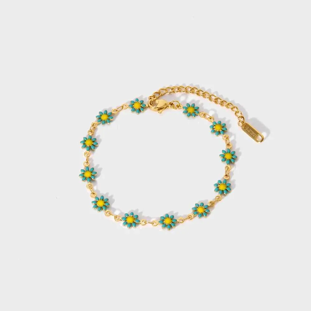 Pulsera de cadena con dijes de flores lindas y coloridas para mujer, de acero inoxidable, estilo bohemio, con pequeñas margaritas_voghion.com