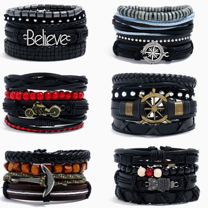 Semplice abito fai da te in pelle di mucca intrecciata da uomo e da donna multistrato combinazione Bracciale accessori_voghion.com