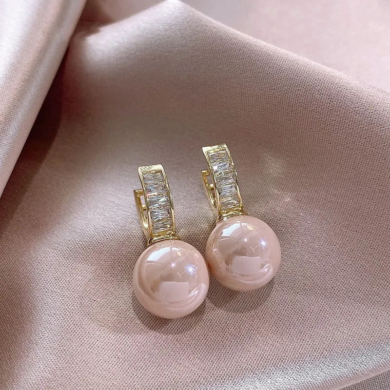 Ohrstecker, klassisch, rosa, für Damen, modisch, Kristall, rund, Designer, weiße Perle, Ohrringe, Hochzeitsschmuck_voghion.com