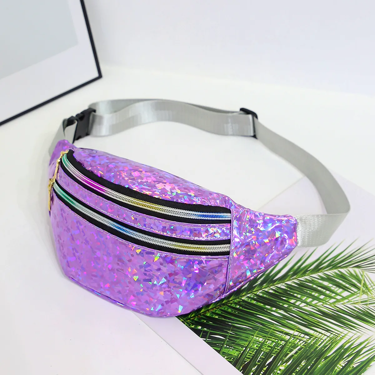 Holografische Taschen Damen Sier Fanny Pack Damengürtel Schwarz Geometrische Taillentaschen Laser Brust Telefontasche Bauchtasche_voghion.com