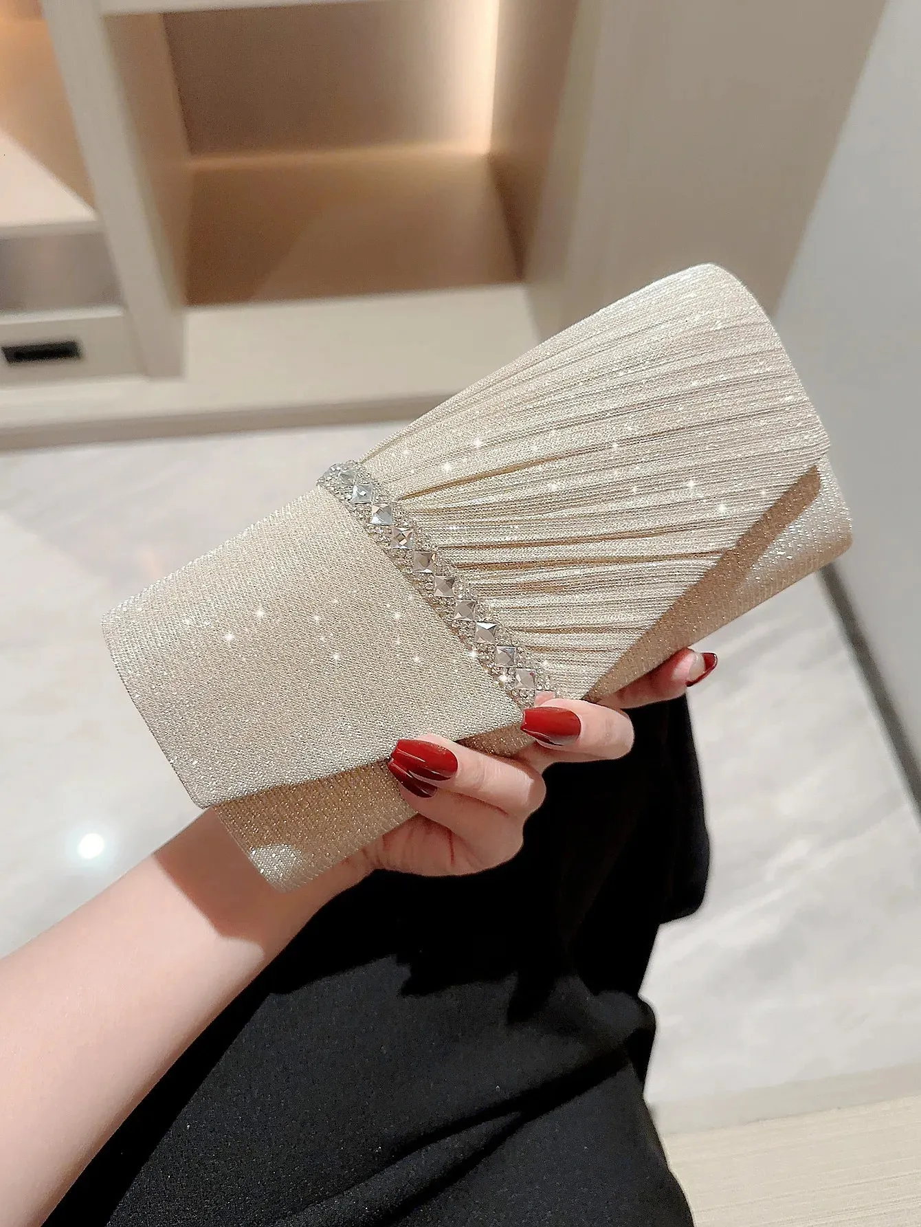 Modische Clutch für Damen, glänzender Rhie-Umschlag, Abendkette, Umhängetasche, Geldbörse, Dame, Hochzeitsfeier, Handtasche 240820_voghion.com