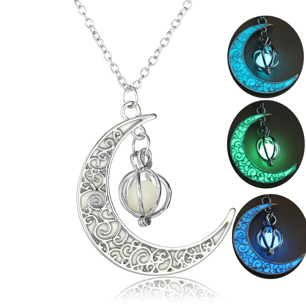 Luminous Moon Pendant Necklace Silver Plated Glow In The Dark_voghion.com