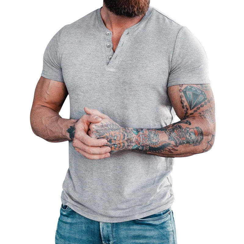 2023 Neues Sommer-T-Shirt für Herren, lässig, einfarbig, kurzärmelig, Rundhalsausschnitt, Pullover, Knopfleiste, Henley-Shirt_voghion.com