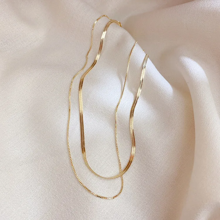 Ketten Anti-allergesch Minimalistesch Duebelschichten 14K Gold Plated Box & Herringbone Kette Choker Halskette fir Fraen Ketten_voghion.com