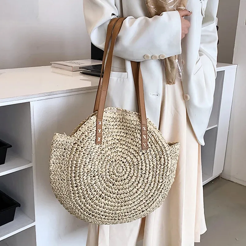 Damen Stroh Schultertasche Für Den Strand Große Handtasche_voghion.com