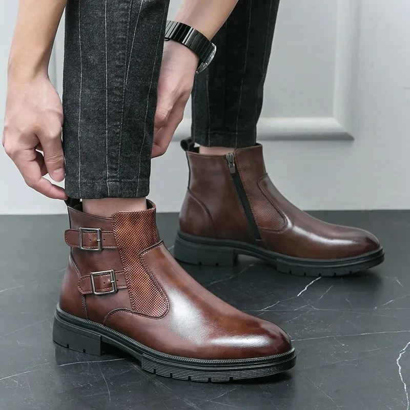 Classic Leather Business Ankle Boots For Men With Double Buckle_voghion.com