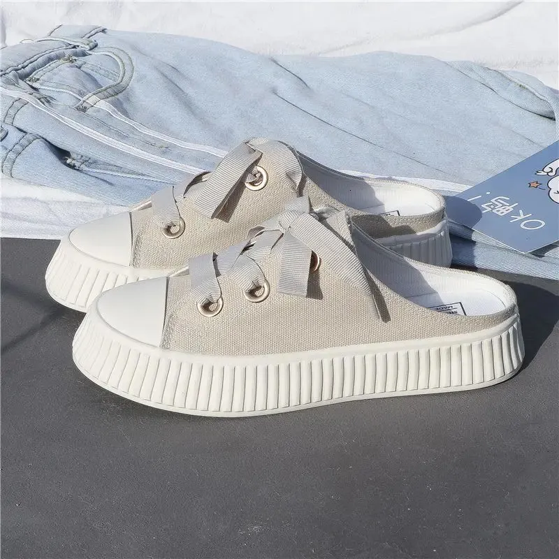 Sneakers estive da donna, pantofole e sandali da donna, ciabatte sportive con fiocco, scarpe alte, punta tonda, cotone, junior, bianco F_voghion.com