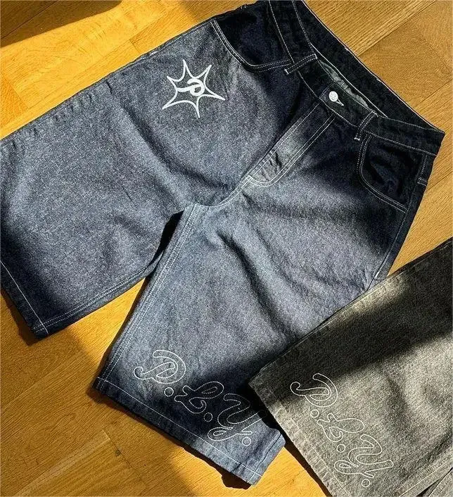 Haruku Y2k Hip-hop Retro Bol Jorts Sokak Giyim Yaz Punk Rock Mektup Nakış Moda Kot Şort Erkek Giyim 241202_voghion.com
