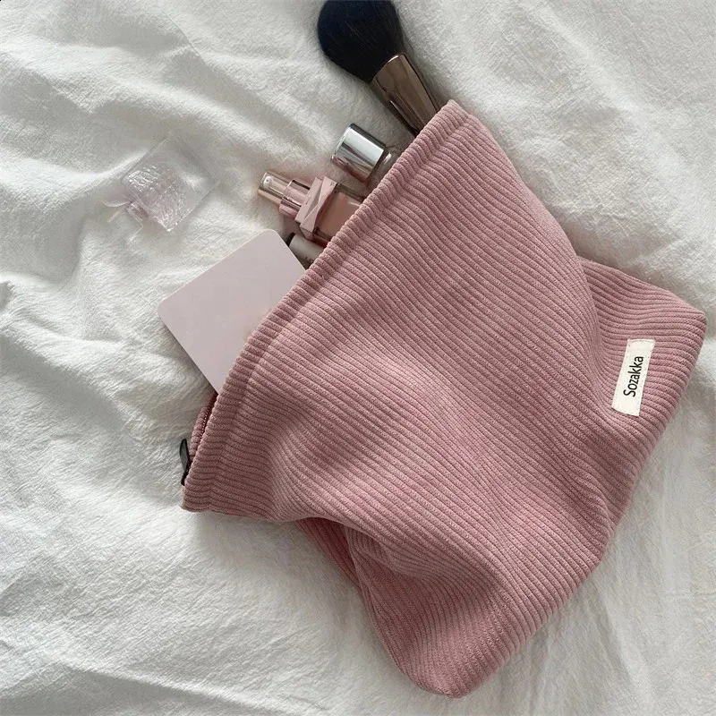 Pochette de maquillage en velours côtelé pour femme, grande trousse de voyage à main, organisateur de rouge à lèvres, étui à fermeture éclair, pochette pour téléphone_voghion.com