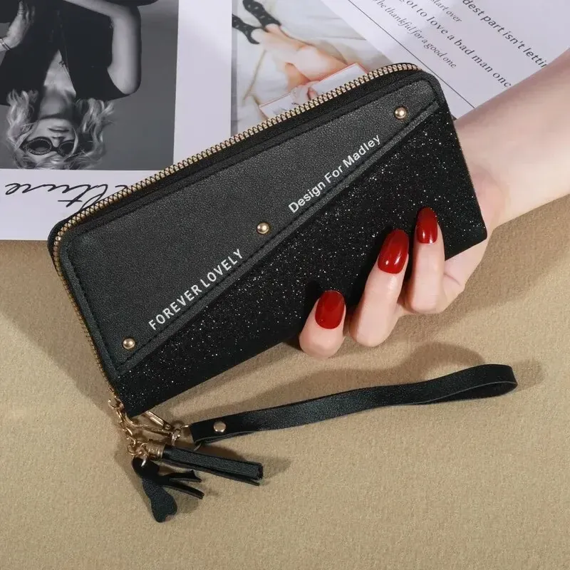 Glitter Shining New Long Women's Zipper Wallet - Korean Splicing, Color Contrast, Tassel, And Rivet Details_voghion.com