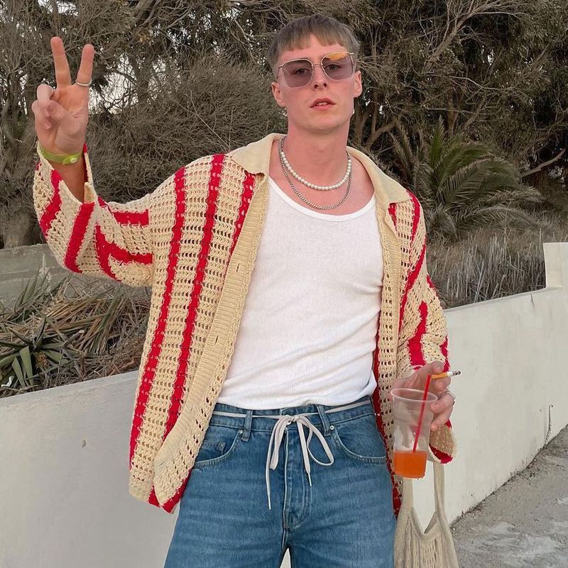 Men's clothing patchwork color knitted cardigan lapel coat all-match sweater_voghion.com