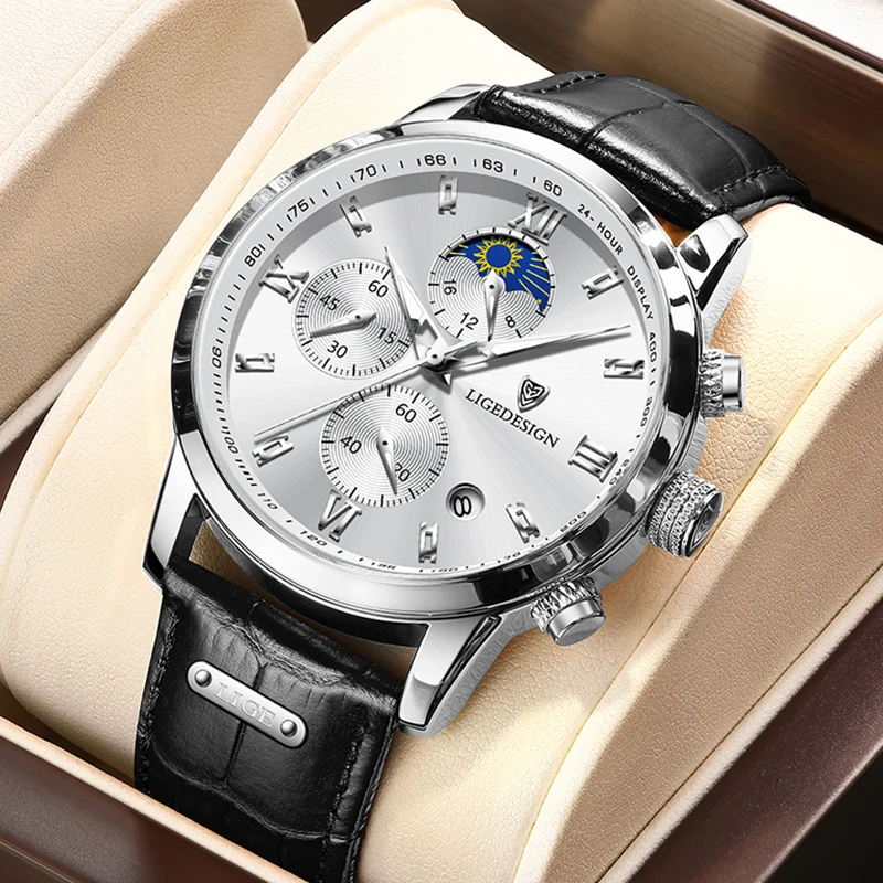 Casual Moon Phase Quartz Watch For Men With Leather Strap_voghion.com