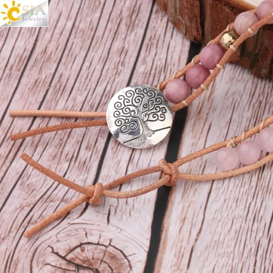 Charm CSJA Naturstensarmband Rosa Kvarts Läderarmband för Kvinnor Rosenstenar Kristallpärlor Bohemiska Smycken 5_voghion.com