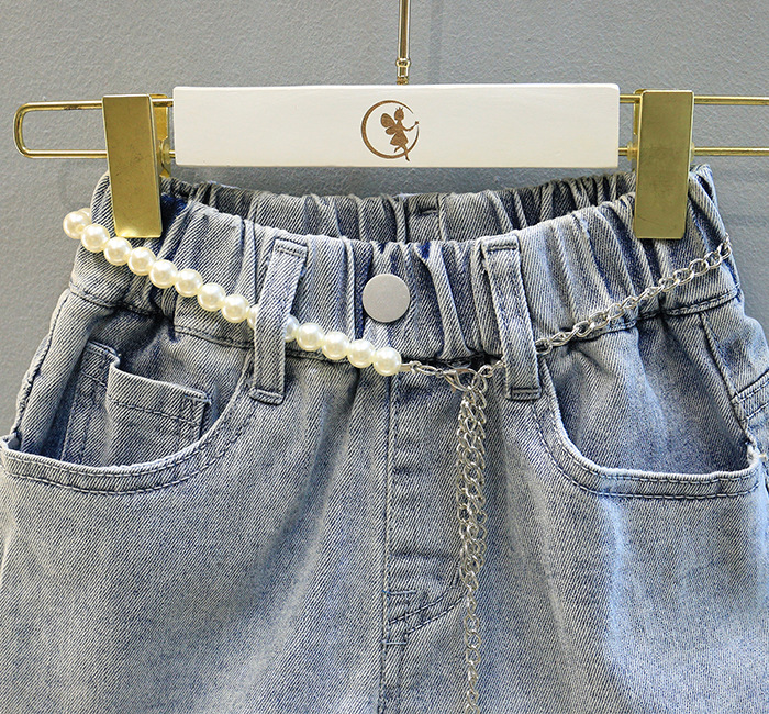 Mamma e bambini estate nuova ragazza vestito camicia con maniche a sbuffo più pantaloncini di jeans in pizzo abito a due pezzi_voghion.com