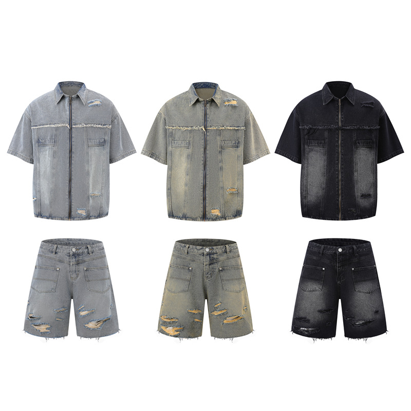 Men's Clothing Retro Raw Edge Distressed Ripped Denim Zippered Jeans Trendy Loose Casual Versatile Workwear Men And Women Suits