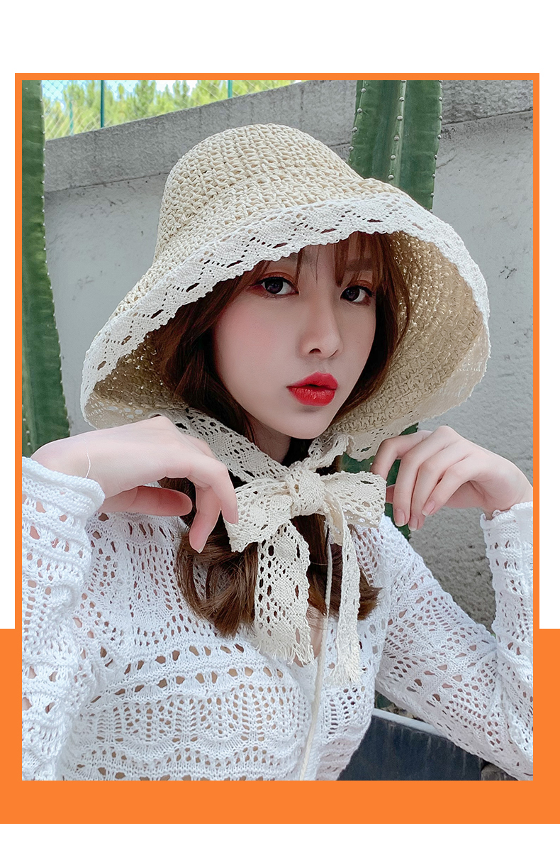 Internet famous straw female summer lace tied hat, fresh refreshing beach vacation, sun protection and shading hat strap_voghion.com