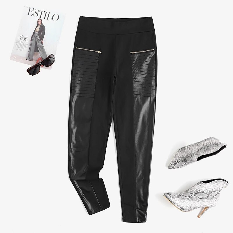 PLUS SIZE Dammen Skinny Leggings ZANZEA Moud PU Lieder 2023 Fréijoer Hierscht Patchwork Elastesch Hosen Casual Solid Reißverschluss_voghion.com