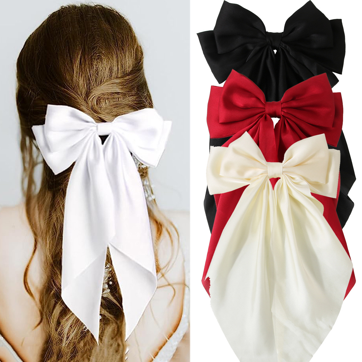 Women’s Accessories Oversized Ribbon Bow Spring Clip Hair Accessories High-end Satin Hair Clip_voghion.com