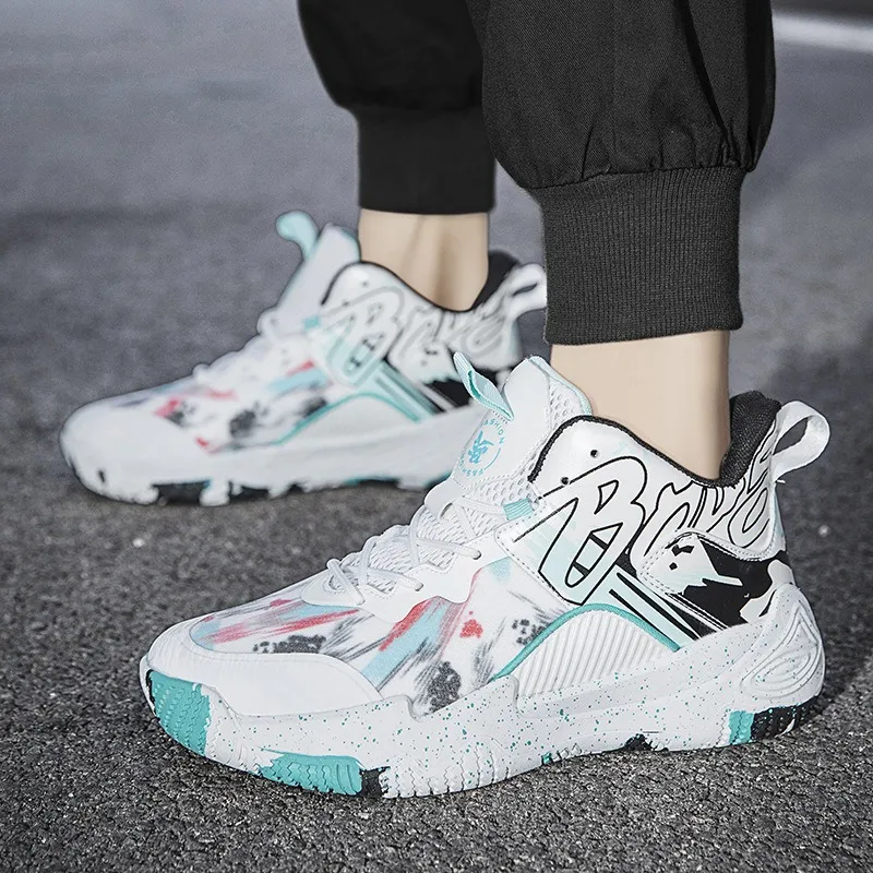 Mens High-top Basketball Shoes New Casual Sneakers Primary and Secondary School Students Years Old Cement Blue Ball_voghion.com