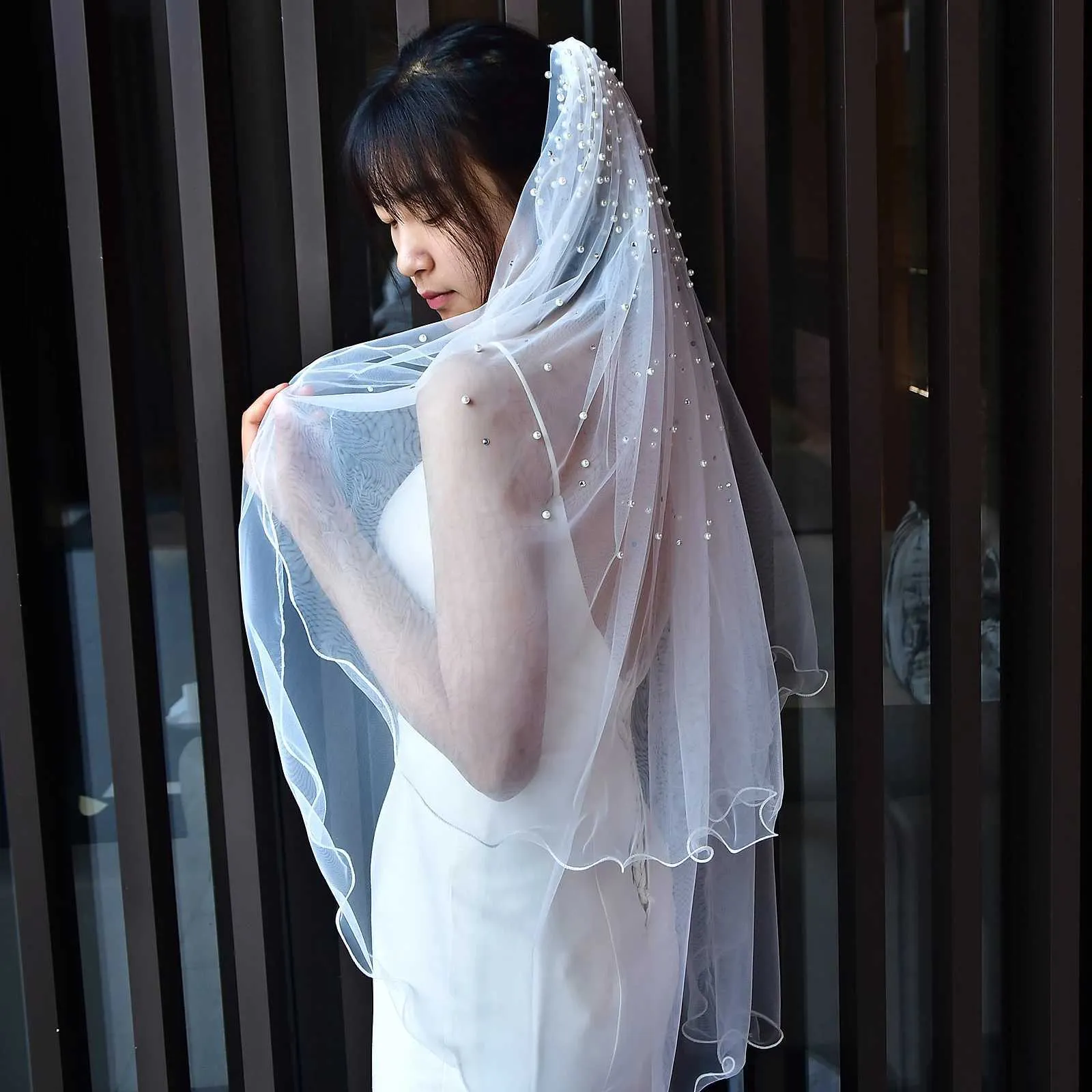 Hair Jewelry MZA32 2 Tier Veil With Blusher Pearls Bridal Veils Elbow Length Wave Pencil Edge Soft Wedding Accessories_voghion.com