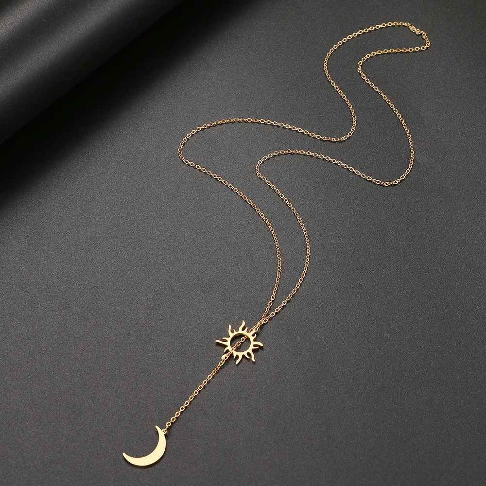 Collana con totem solare e luna in acciaio inossidabile, da donna, alla moda, squisita, estiva, indispensabile per le feste degli amici_voghion.com