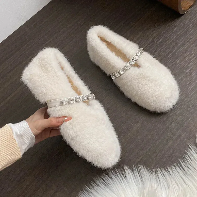 Fashion Leopard Fur Ballet Apartment Water Dia Buckle With Mary Jane Shoes Womens Winter Warm Plush Shallow Load 241122_voghion.com