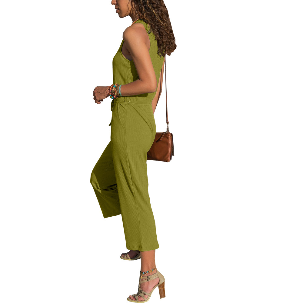 Damen Rundhals ärmellose Pit Stripe Neun-Punkt-Overall Coole Hose_voghion.com