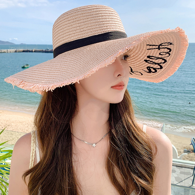 Unisex Summer large embroidered sunblock straw hat women's fashion simple letter bow streamer sun hat sweet sun hat_voghion.com
