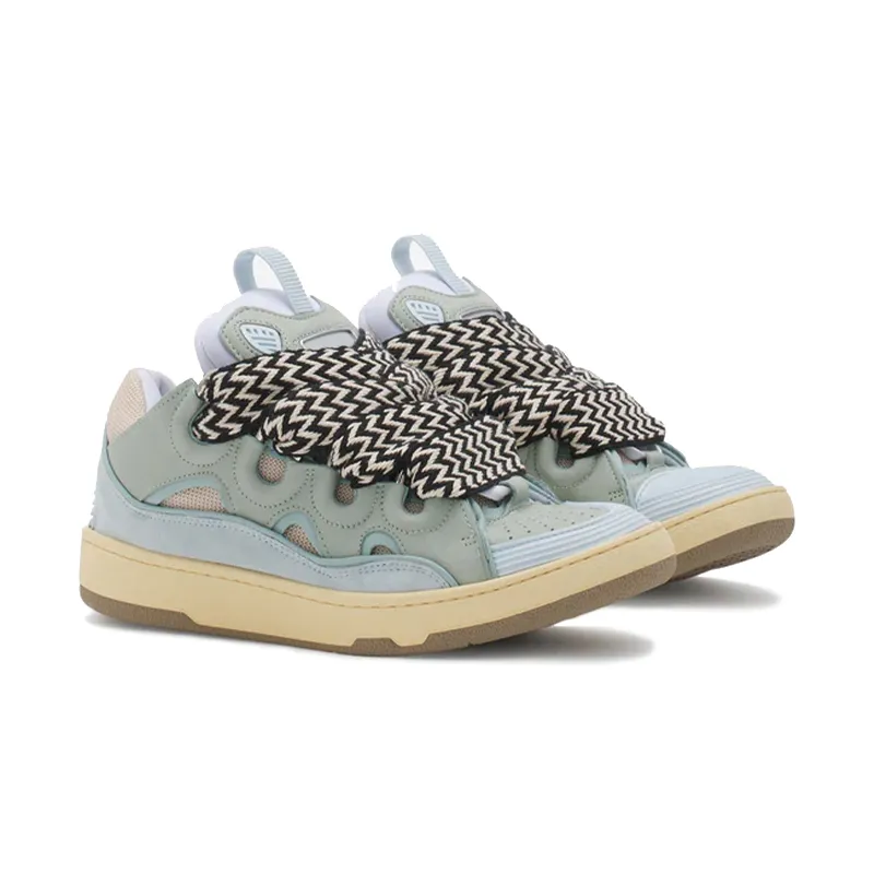 Mens Womens Designer Dress Shoes Emed Curb Leather Sneakers Denim Blue Pink Green Nappa Calfskin Platform Rubber Sole_voghion.com