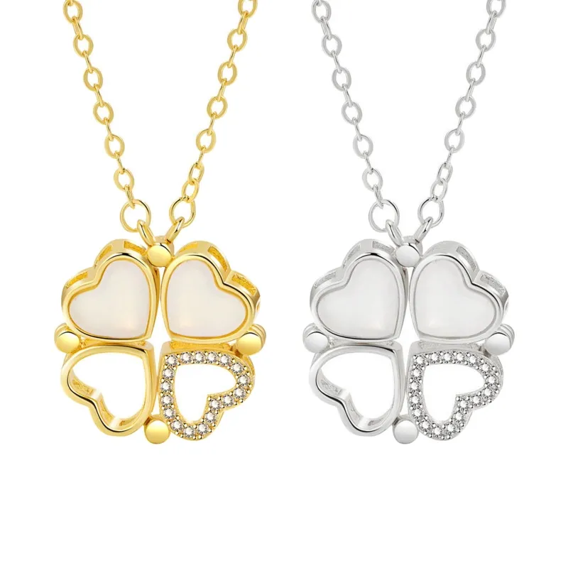 Colliers pendentifs en forme de trèfle à quatre feuilles en forme de cœur en zircone cubique pour femmes, bijoux élégants pour fête et mariage_voghion.com