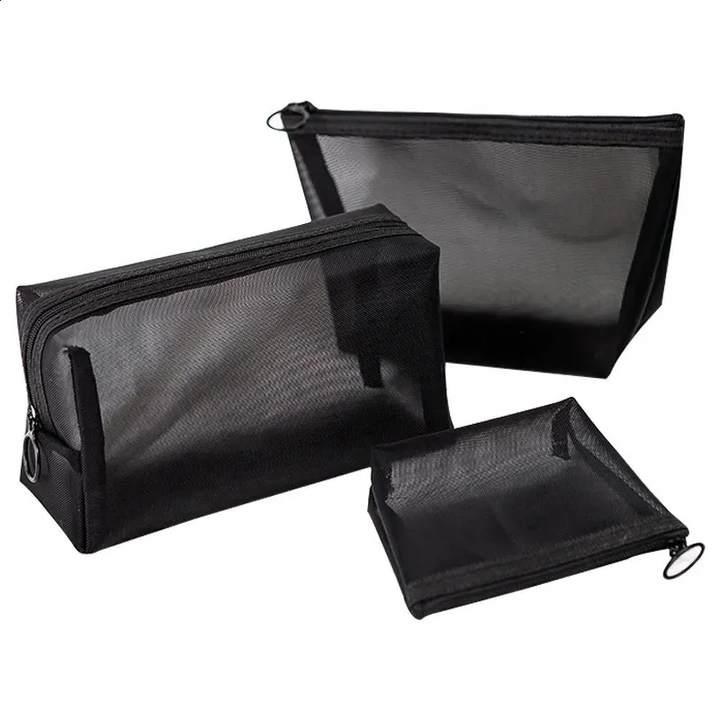 Sacs à cosmétiques transparents en maille 3 tailles, petit et grand sac de maquillage noir, organisateur de toilette de voyage Portable, rangement de rouge à lèvres_voghion.com