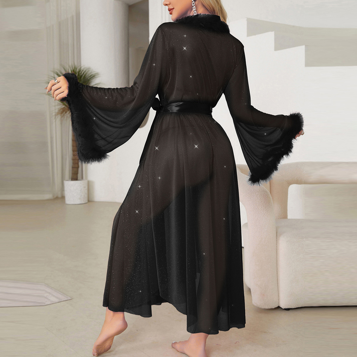 Slaapkleding Nieuwe Sier Zijden Pamas Licht Lange Mouw Bont Koel Nachthemd Badjas Huiskleding Vrouwen_voghion.com