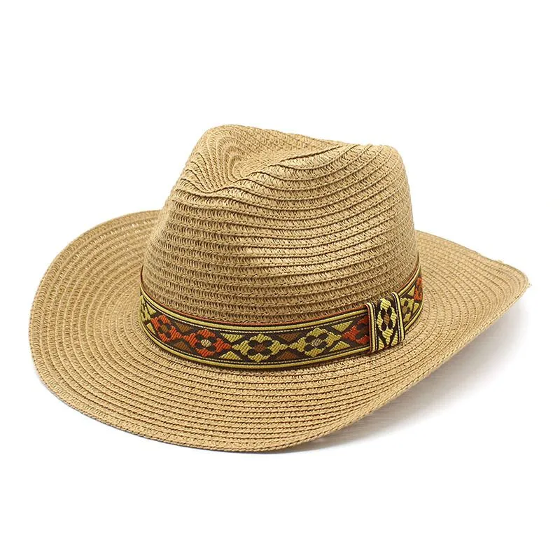 Chapeau de paille de style ethnique tibétain pour hommes et femmes, chapeau de protection solaire pour la plage en plein air_voghion.com