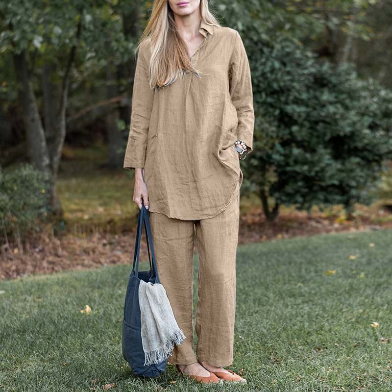 Women's shirt wide-leg pants solid color elegant casual retro suit_voghion.com