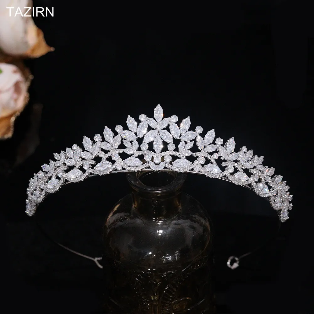 Bijoux TAZIRN Petites couronnes de mariée florales en zircone cubique Diadèmes faits à la main en CZ Coiffe de mariée Bal Fête d'anniversaire_voghion.com