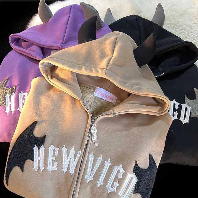 Erkek I mp Kapşonlu Sweatshirtler Hip Hop Koyu Yarasa Kanatlı Şeytan Boynuz Gotik Fermuarlı Kapşonlu Ceket Erkek Kadın Büyük Boy Sweatshirt_voghion.com