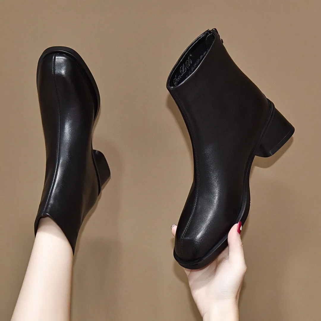 Splicing Genuine Leather Women Ankle Boots Thick High Heels Rear Zipper Decoration Basic Office Lady Shoes Woman Autumn_voghion.com