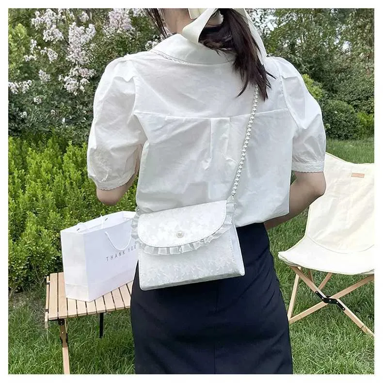 Borsa a tracolla in pizzo con cinturino in perle, elegante e semplice, con tracolla, in PU, sotto le ascelle, 2023, estate, bianca, Ba241212_voghion.com