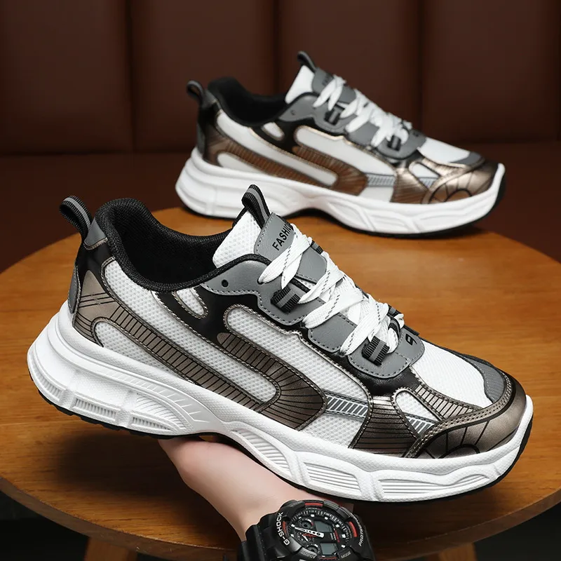 Men Breathable Mesh Sneakers Trend Versatile Thick Soled Non Slip Casual Style Running Shoes Fashion Grey Free shipping_ecoleips.com