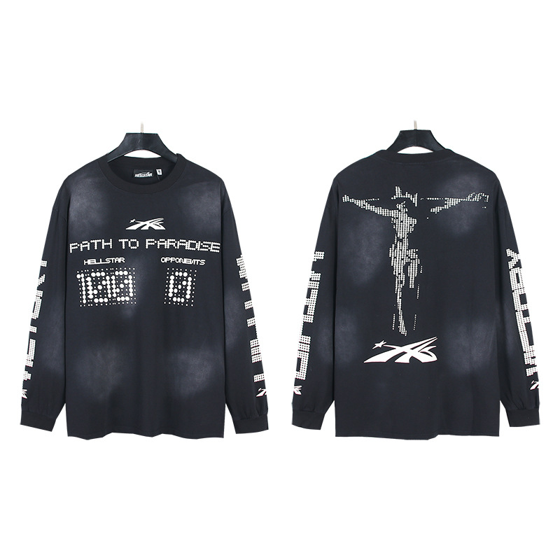 Ropa para hombre Hellstar Brain Racer Camiseta de manga larga para hombre y mujer de marca de moda negra lavada de manga larga