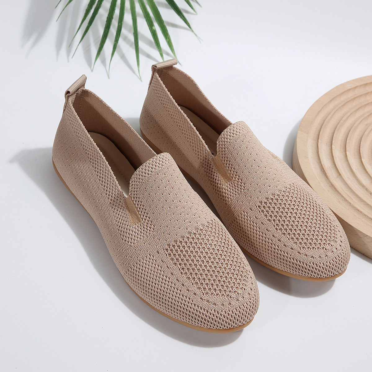 Damenmode flacher Mund fliegende Strick-Low-Top-Einzelschuhe Damen neue gestrickte runde Kopf Set Füße faule Müßiggänger_voghion.com