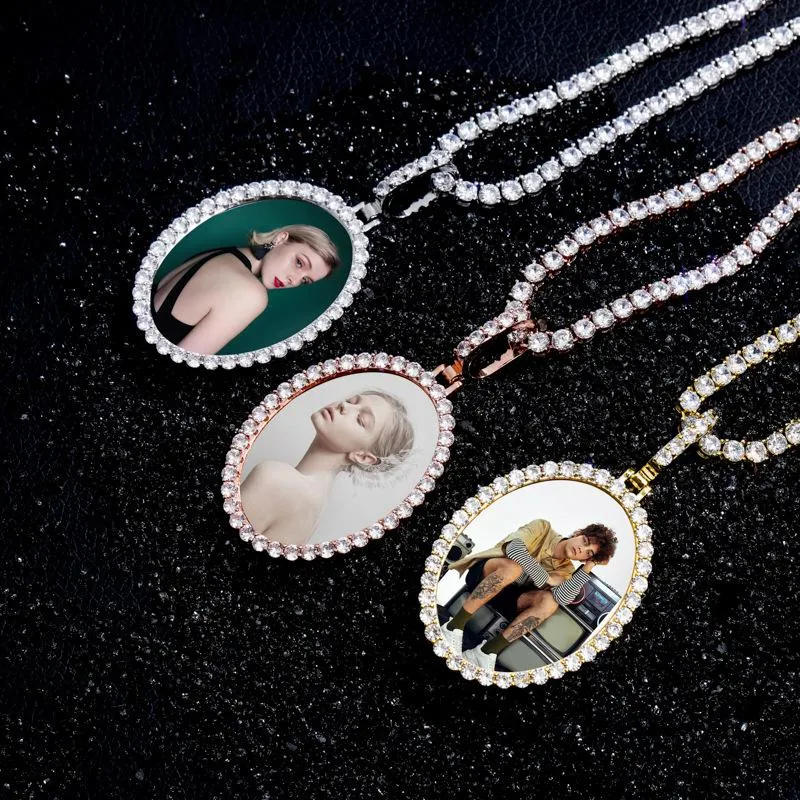 Rožu zelta pārklājuma apledojuma kubiskā cirkonija ovāla pasūtījuma foto piemiņas kaklarota personalizēta Bling dimanta DIY atmiņa_voghion.com