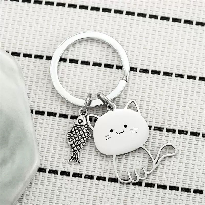 New Stainless Steel Cat Eating Fish Stainless Steel Key Chain Cute Cartoon Cat Pendant Couple Key Chain