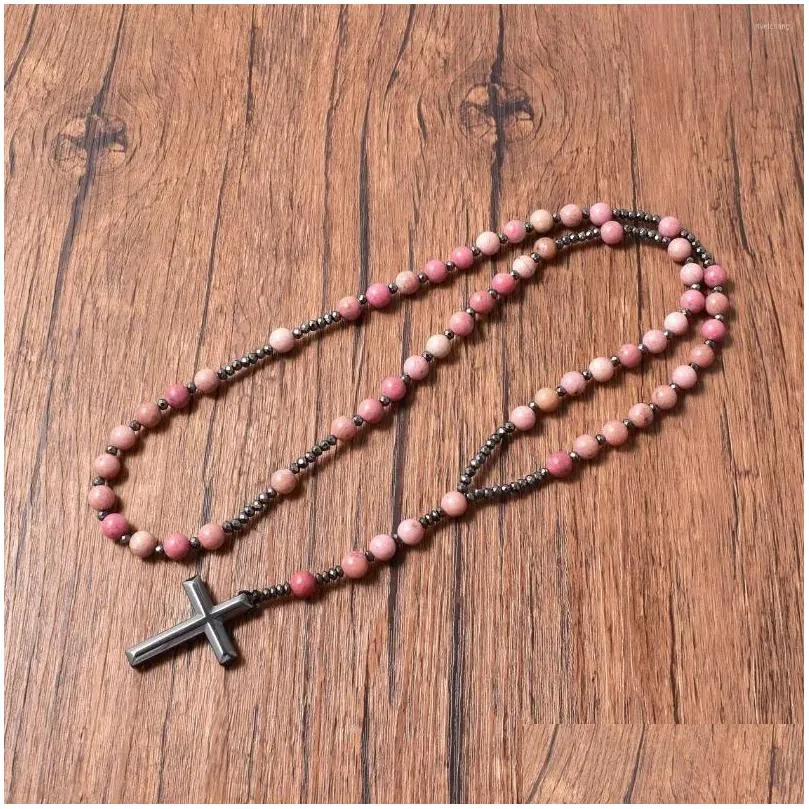 Rhodonite And Hematite Rosary Pendant Necklace For Men And Women_voghion.com
