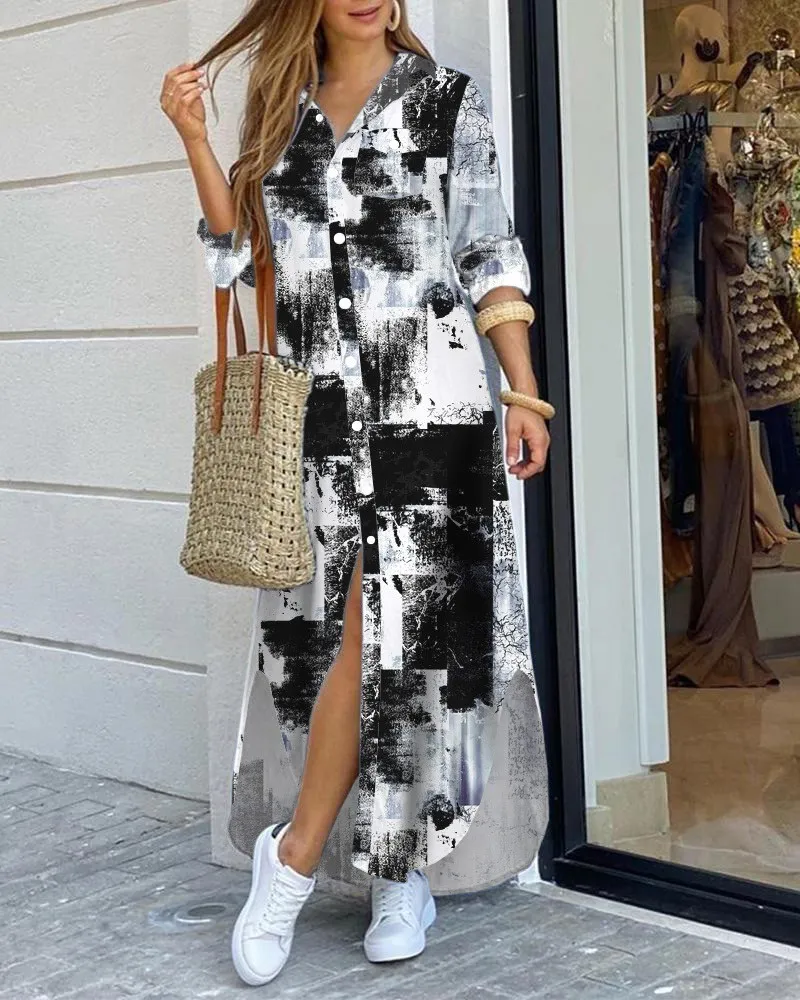 Plus Size Moudegt Hemdstil Knäppkleed Damen Casual Laang Stroossekleeder Loose Home Maxi Fraen_voghion.com