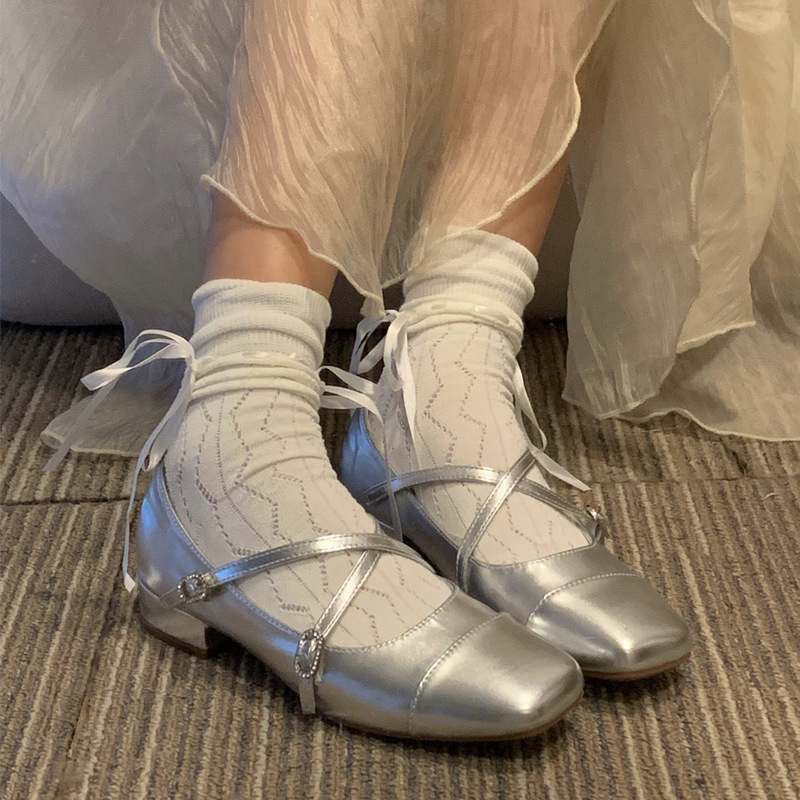 Silver Ballet Flats French Mary Jane Square Toe Low Heel Single Women Spring Autumn Evening Shoes_voghion.com