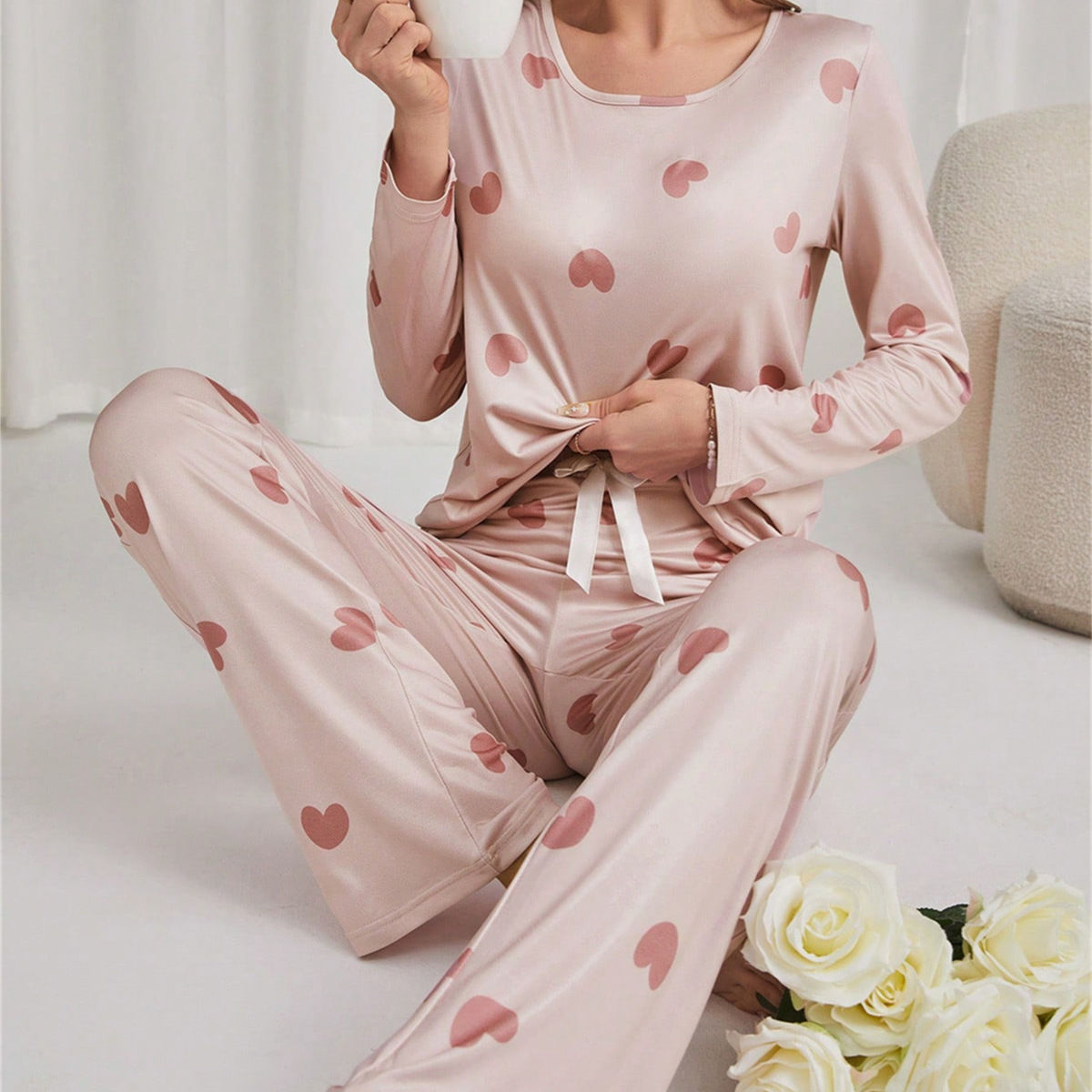 Pajamas For Women, Lovely Heart Pattern, Long-sleeved Trousers Loungewear Set