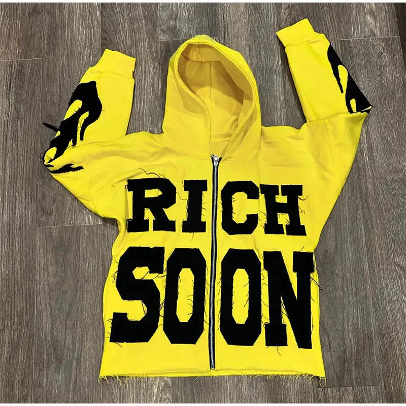 Street Rich Soon Bedruckter Kapuzenpullover für Männer, trendiger Y2k-Kapuzenpullover mit langen Ärmeln und Reißverschluss, Herbsttasche, lockere Kapuzenpullover_voghion.com