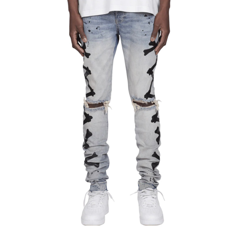 2024 Nya Herrjeans med Broken Bones-tryck, Prickar, Elastiska Fötter, Batch 8886_voghion.com